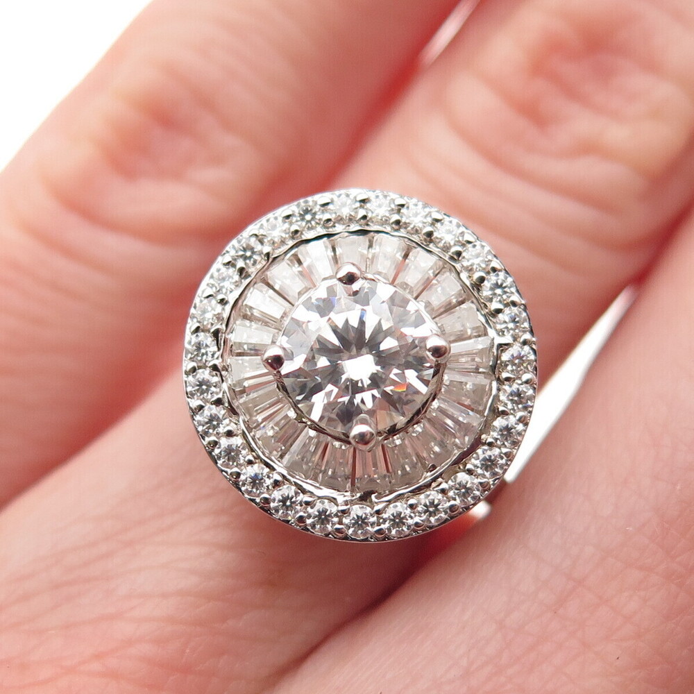 D'JOY Sterling Silver Real Round & Tapered Baguette-Cut Moissanite Ring Size 5